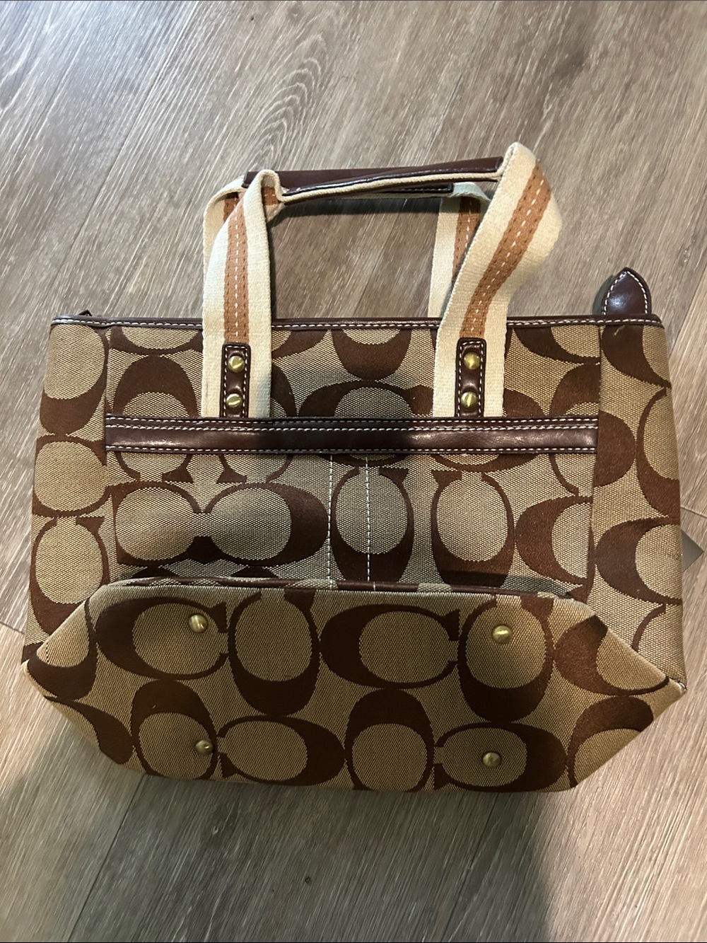Brown Patterned Canvas Tote Bag with Leather Trim